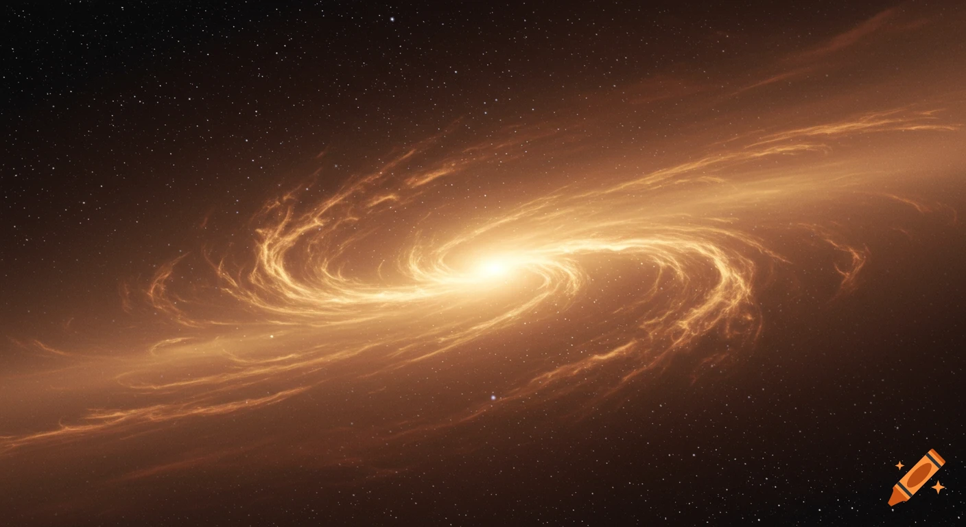 A luminous, golden spiral galaxy with swirling gas and dust against a dark, star-filled sky.