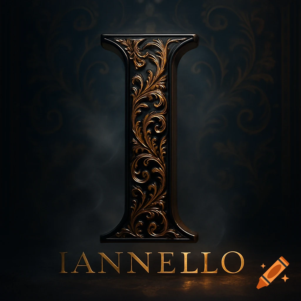 A richly decorated capital letter 'I' with golden scrollwork, above the golden text 'IANNELLO' on a dark, ornate background.