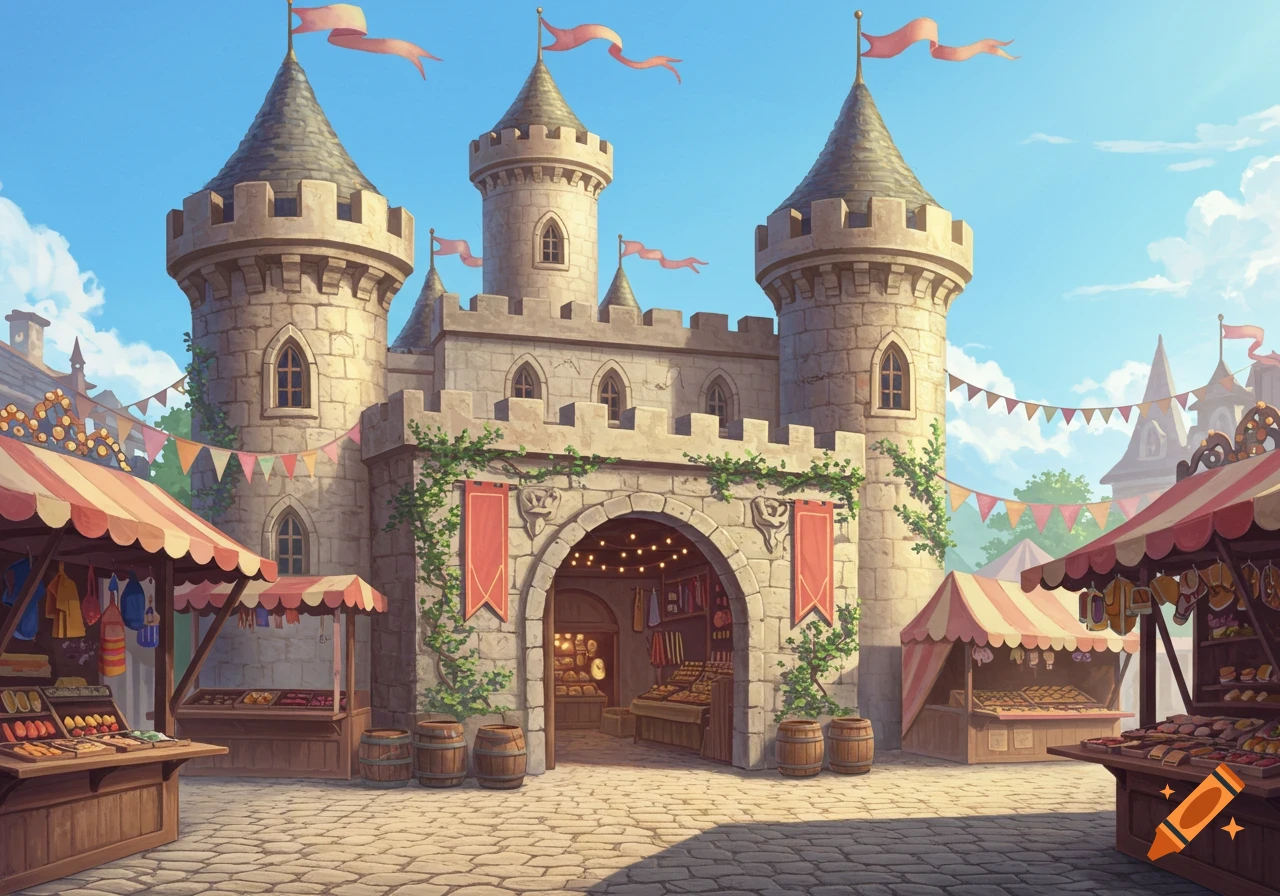 A vibrant cartoon-style medieval market with striped stalls in front of a grand stone castle with towers and flags under a blue sky.