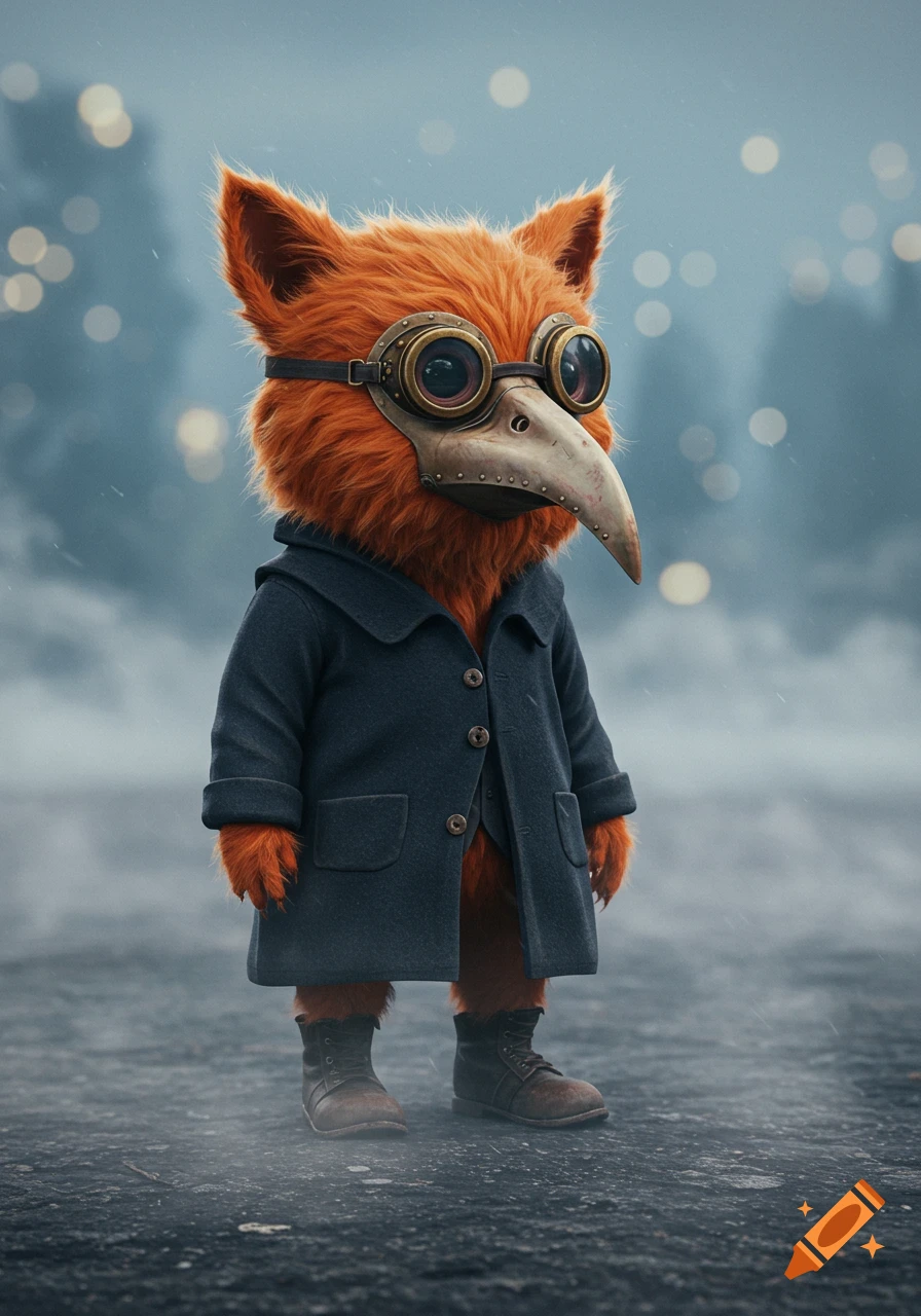A fluffy orange creature wearing steampunk goggles, a plague mask, a dark blue coat, and boots stands in a foggy scene.