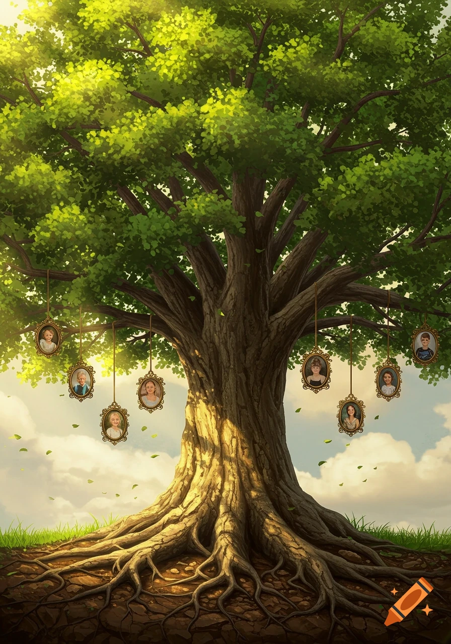 A vibrant illustration of a family tree, with an old tree bearing framed portraits on its branches and exposed roots on grassy ground.