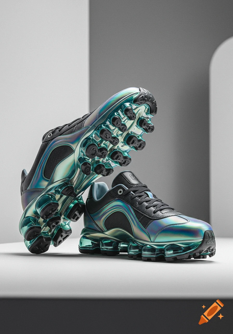 A pair of iridescent futuristic athletic shoes, one standing upright showcasing its cleated sole, the other resting flat.