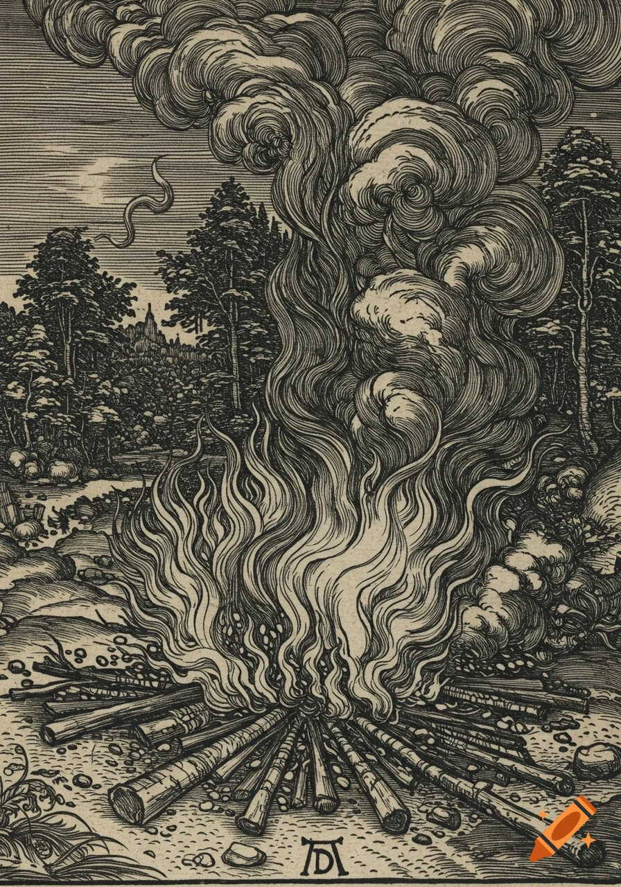 A detailed black and white woodcut showing a large bonfire burning vigorously in a forest, with thick smoke rising into a cloudy sky.