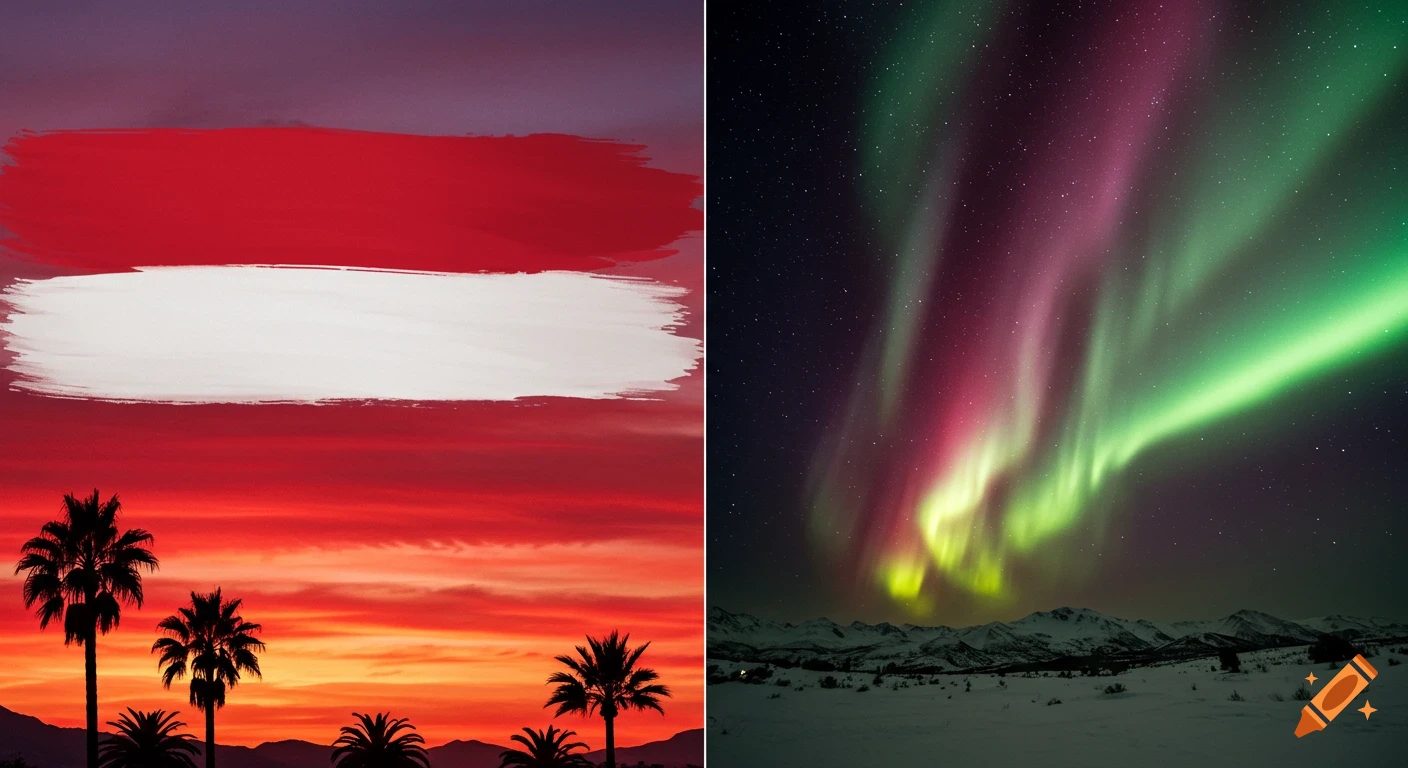 A split image features a red and orange sunset with palm trees on the left, topped with red and white brush strokes, and a vibrant green and magenta aurora borealis over snowy mountains and a starry night sky on the right.