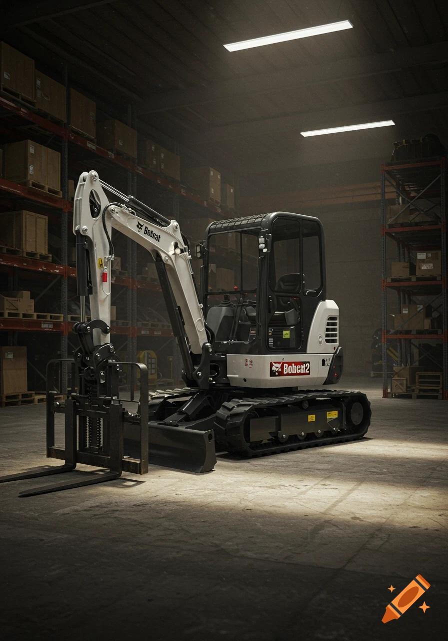 A white and black mini excavator with a forklift attachment in a dimly lit warehouse with shelves of boxes.