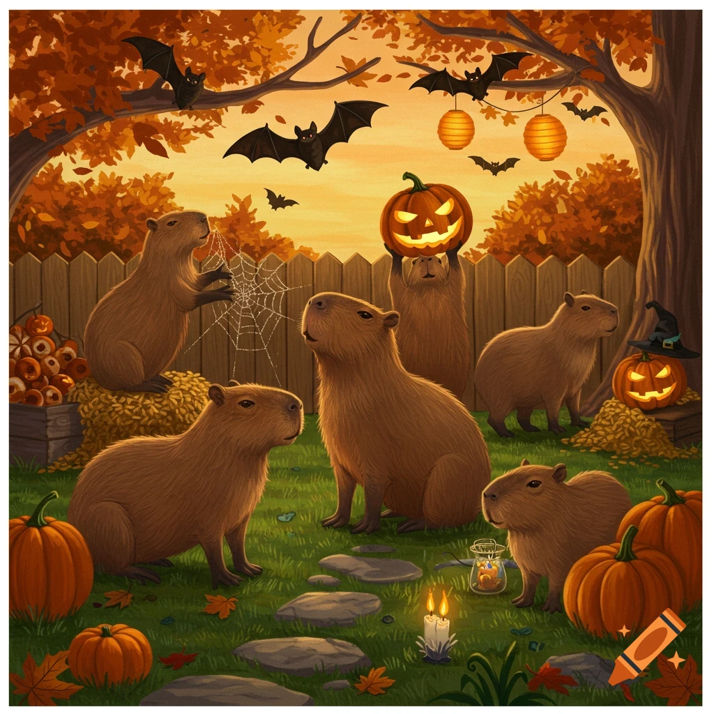 Illustrated capybaras decorating a festive Halloween backyard with pumpkins, bats, spiderwebs, and lit lanterns, in an autumn setting.