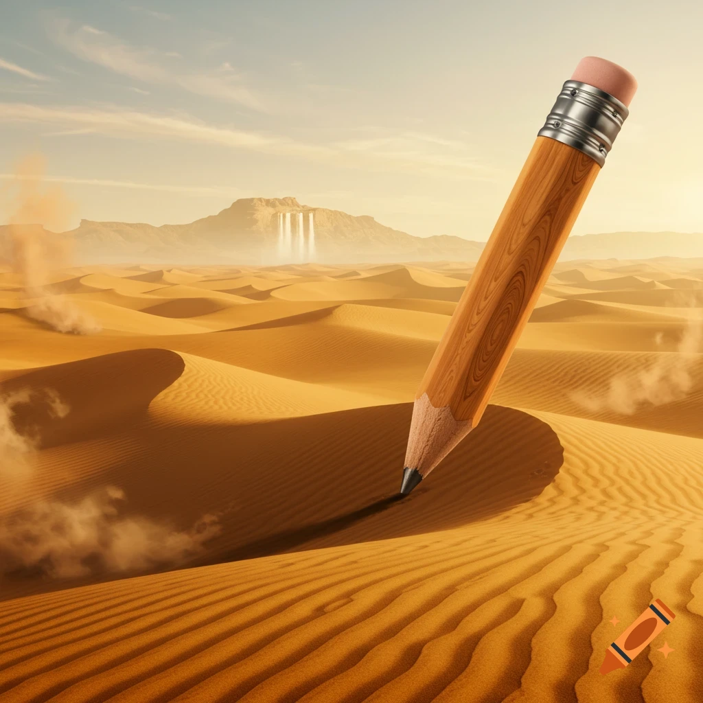 A giant pencil stands upright, tip in a sand dune, in a vast desert with mountains and a waterfall under a warm, cloudy sky.