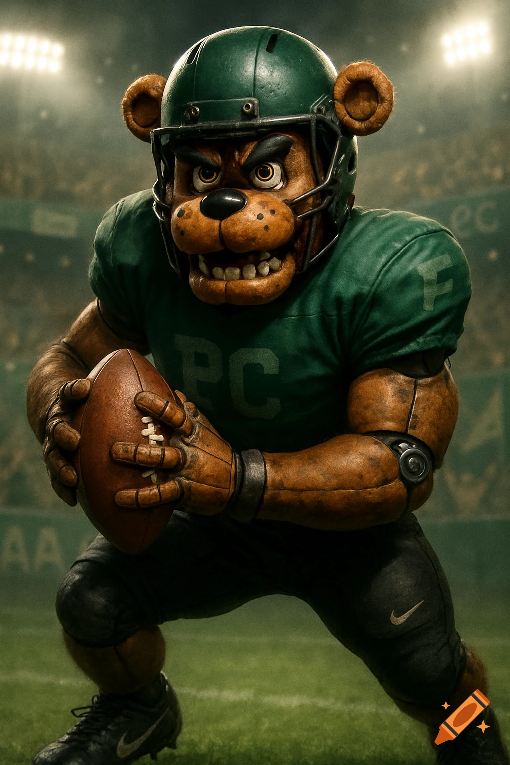 A fierce Freddy Fazbear in a dark green football uniform and helmet holds a football on a grassy field in a stadium.