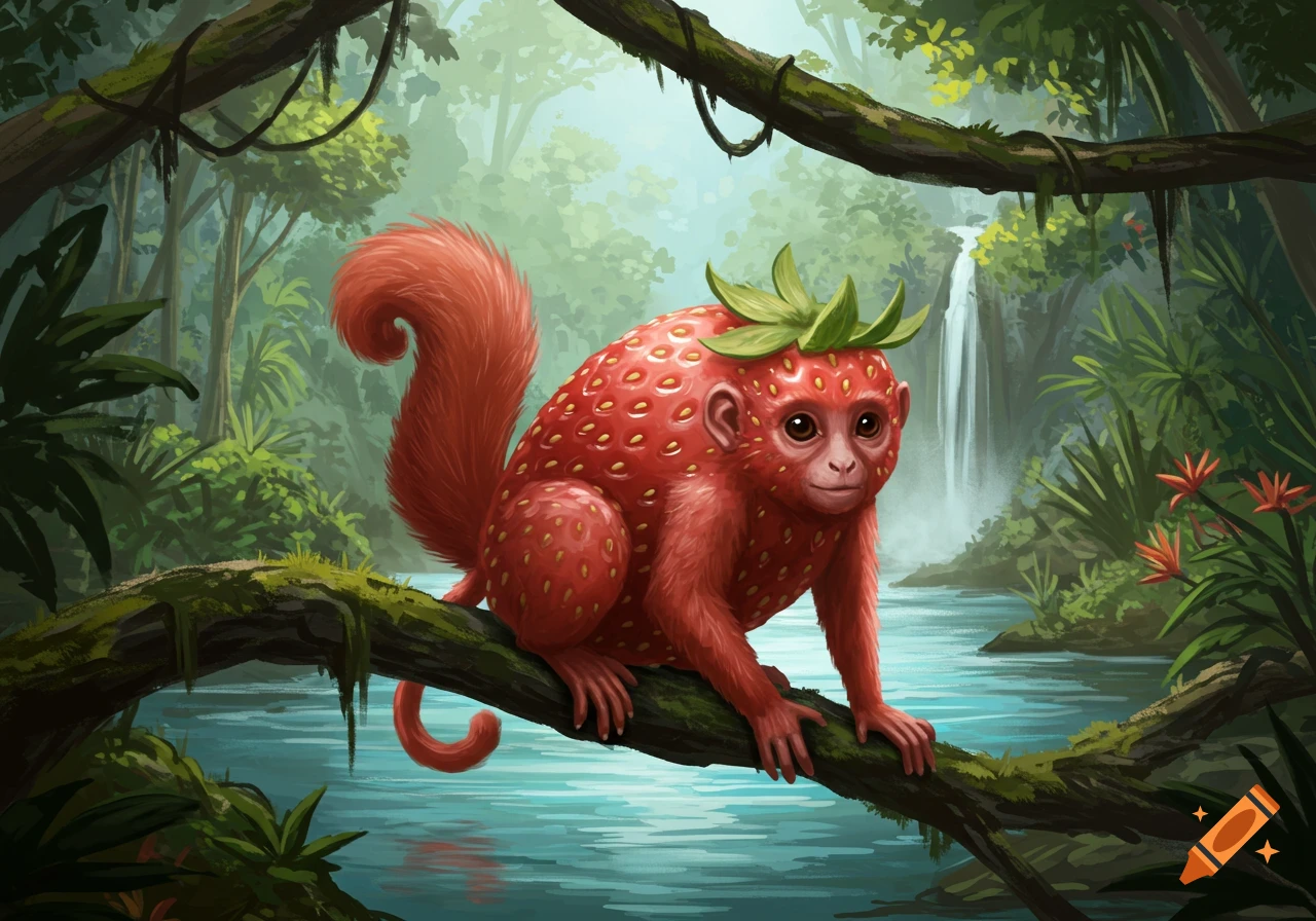A red strawberry monkey-squirrel hybrid creature sits on a mossy branch above a river in a lush jungle with a waterfall. Digital illustration.