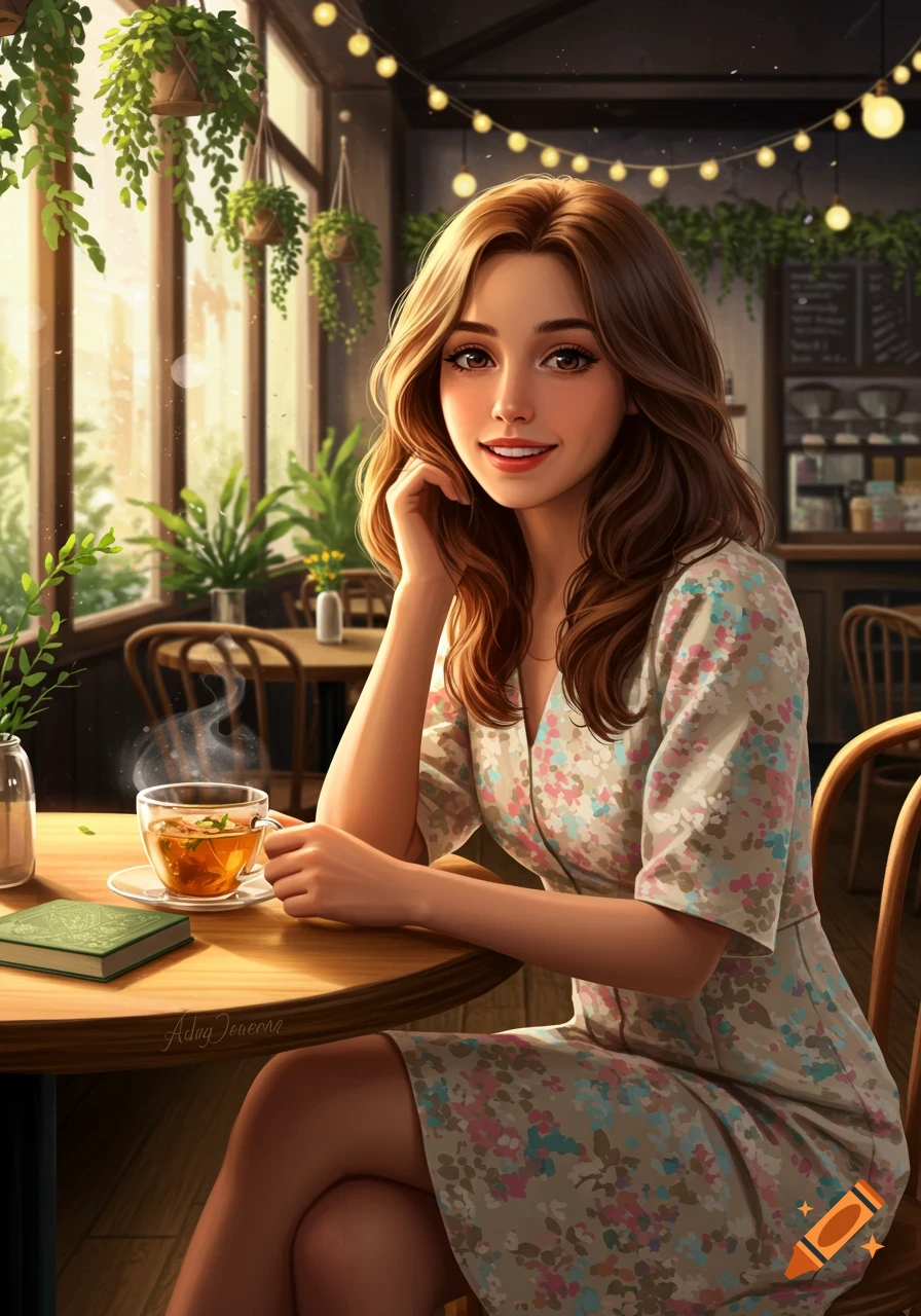 Digital art portrait of a smiling woman with long brown hair, sitting at a wooden table in a cafe with a steaming cup of tea.