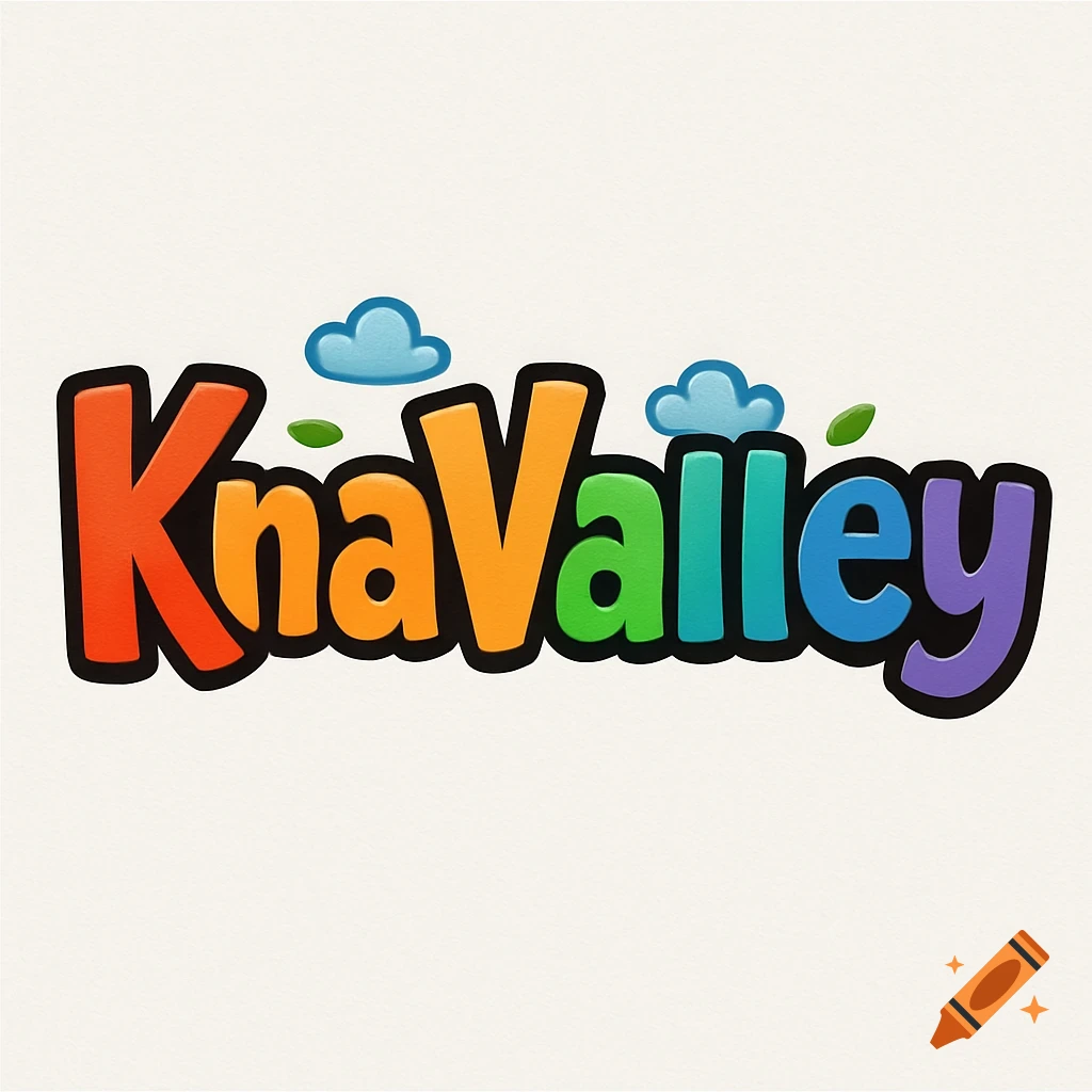 Colorful cartoon logo for 'KnaValley' with clouds and leaves on a light background.