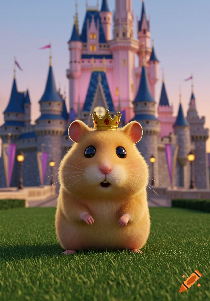 A super cute golden brown hamster wearing a royal crown stands on green grass in front of a magical pink Disney-style castle.