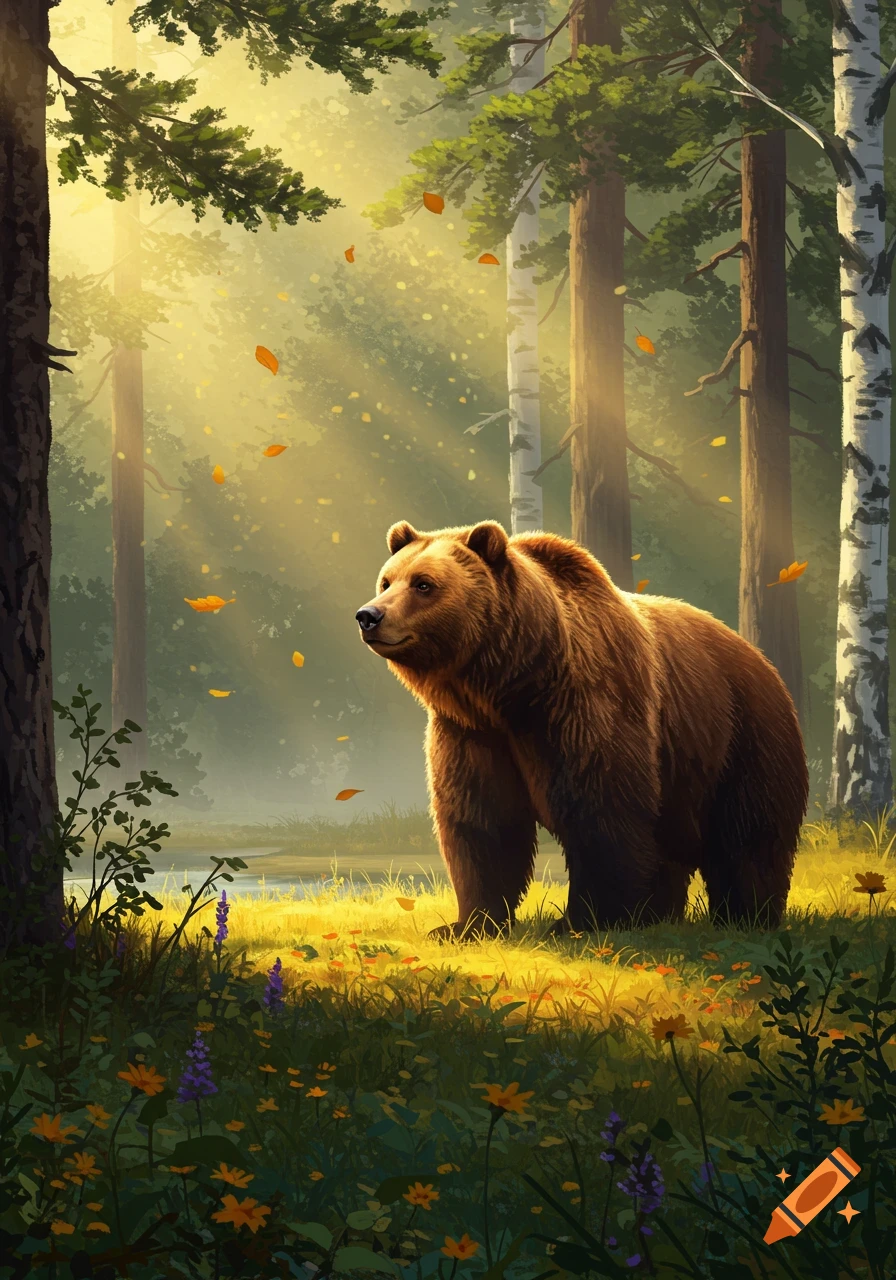 A brown bear stands in a sunlit forest clearing with golden light and falling autumn leaves.