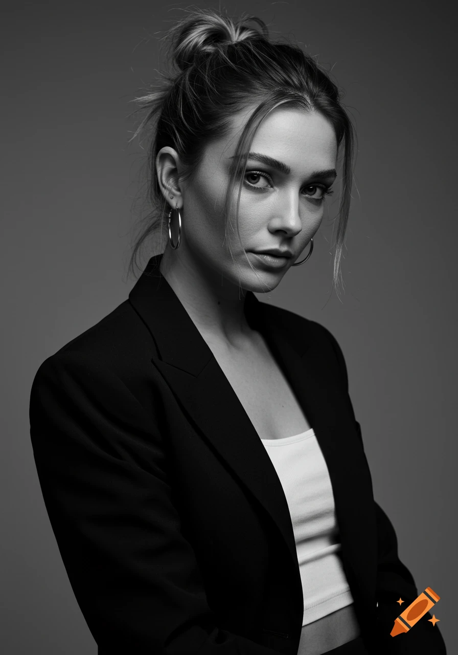 Black and white studio portrait of a woman with hair in a bun, wearing a black blazer, white crop top, and hoop earrings, looking at the camera.