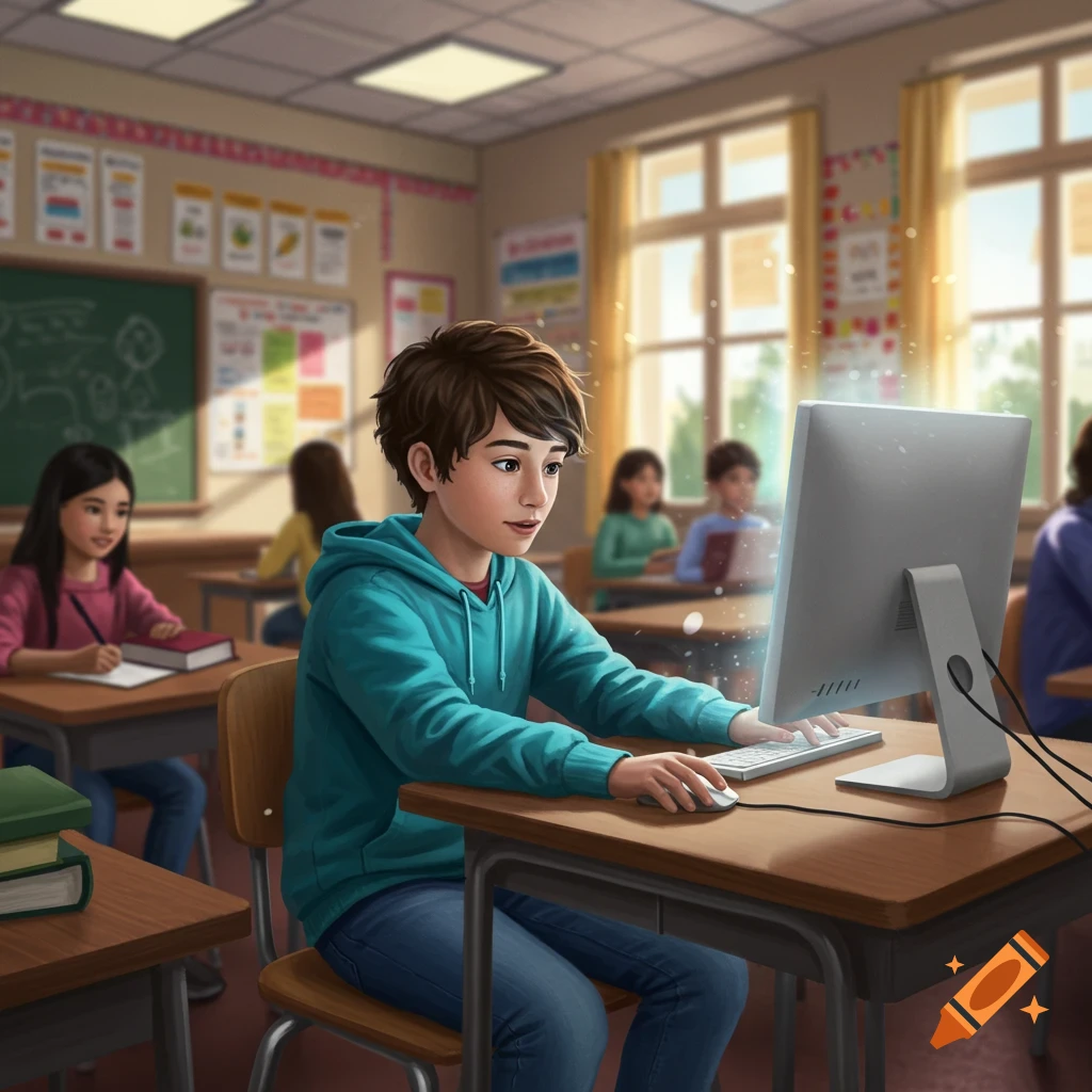A 6th-grade student in a blue hoodie and jeans works on a computer at a desk in a sunlit classroom.