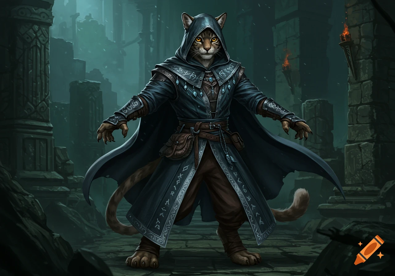 A hooded, cat-like Tabaxi rogue in dark, patterned robes stands in gloomy stone ruins, illuminated by torchlight.