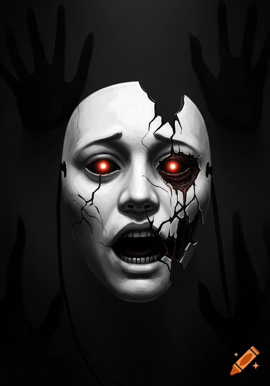 A cracked white mask reveals a grotesque, twisted face with glowing red eyes, against a dark background with shadowy hands.