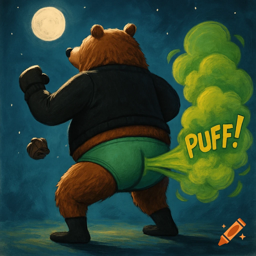 A cartoon grizzly bear, seen from behind, wears a black sweater and green briefs, exhaling massive greenish-yellow fumes labeled 'PUFF!' under a full moon.