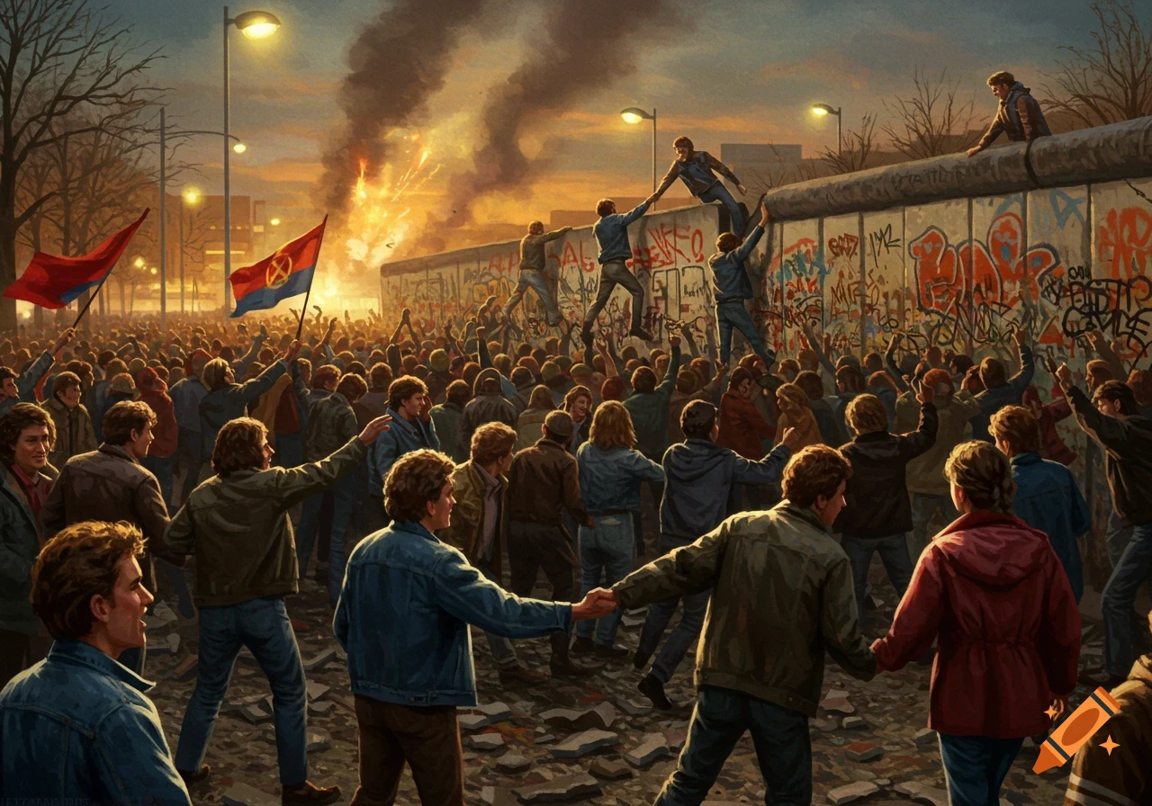 A dramatic illustration of a large crowd celebrating and climbing the graffiti-covered Berlin Wall at sunset with explosions.