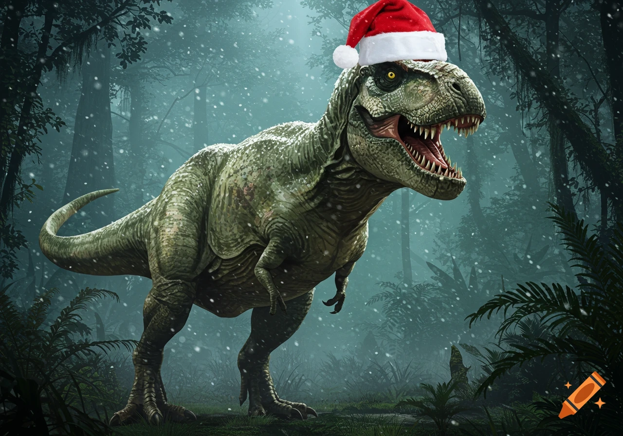 A photorealistic T-Rex with a red Santa hat roars in a snowy, misty jungle.