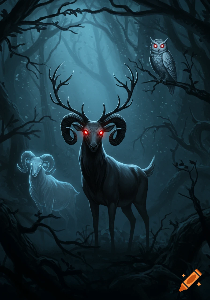 A dark fantasy illustration of a deer with antlers and ram horns and glowing red eyes, a ghostly ram, and an owl with red eyes in a spooky forest.