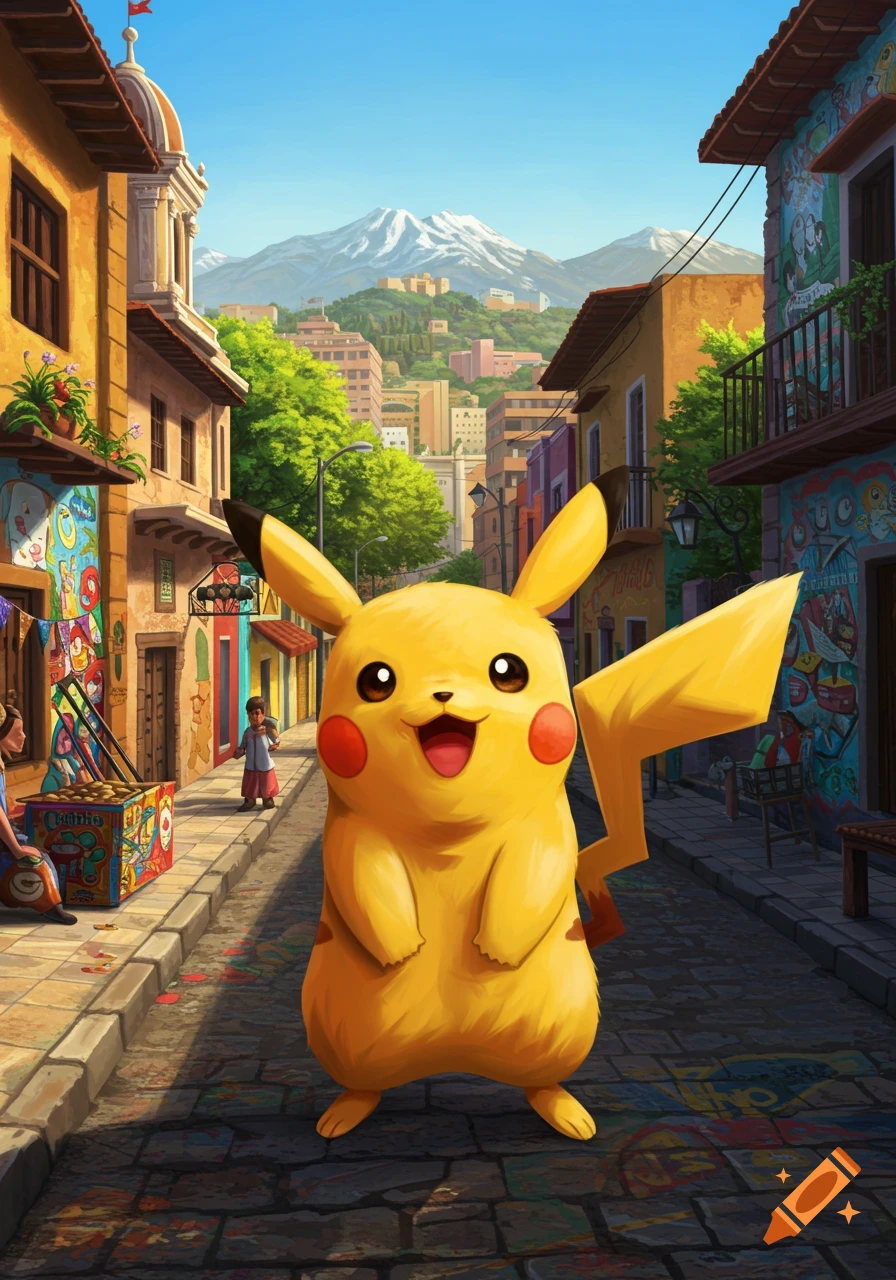 Pikachu smiling brightly in a vibrant, colorful city street with traditional buildings and snowy mountains in the background.