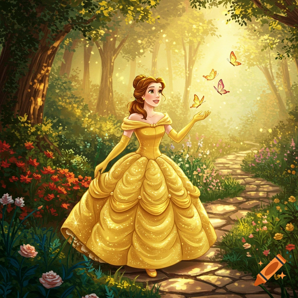 Belle in her golden gown stands on a forest path, observing three butterflies in a vibrant, illustrated style.