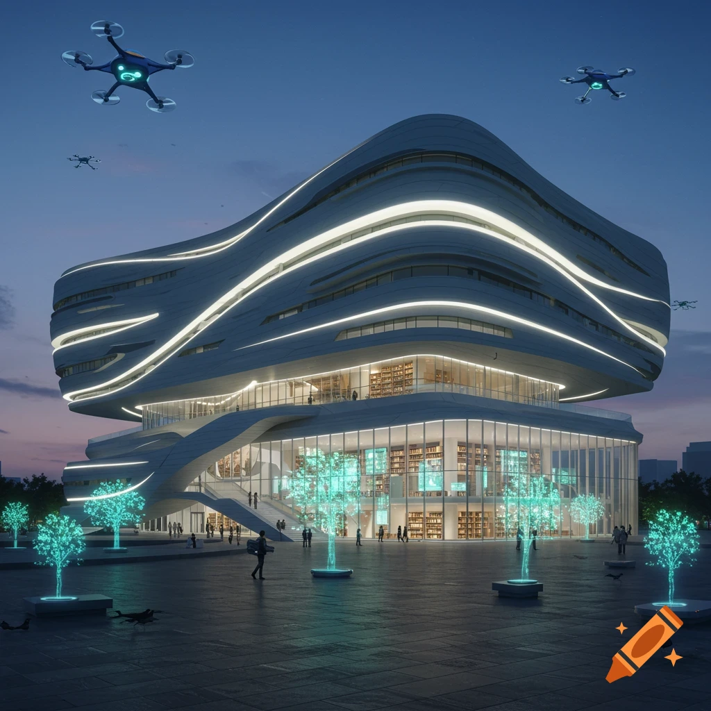 Futuristic wave-shaped library building at dusk with glowing accent lights, interior bookshelves, glowing trees, and drones flying overhead.