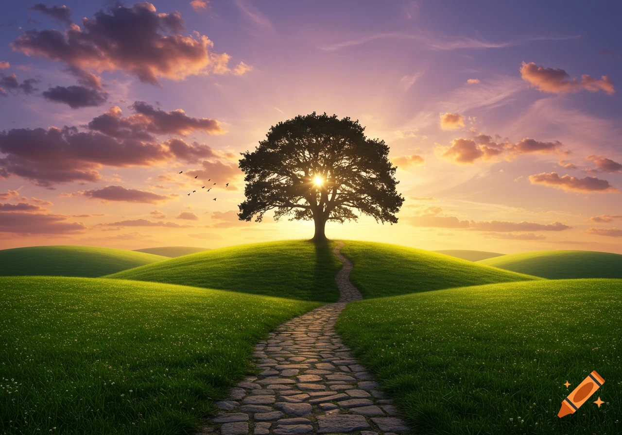 A stone path leads up a green hill to a large tree silhouetted against a vibrant sunset with colorful clouds and flying birds.