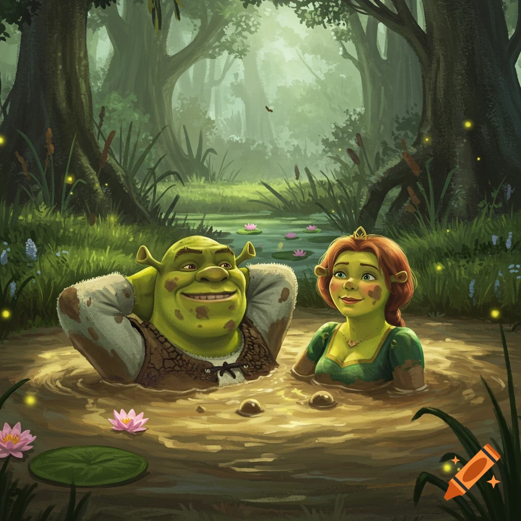 Shrek and Fiona happily relax in a mud bath in a lush green swamp with water lilies, in a digital illustration.