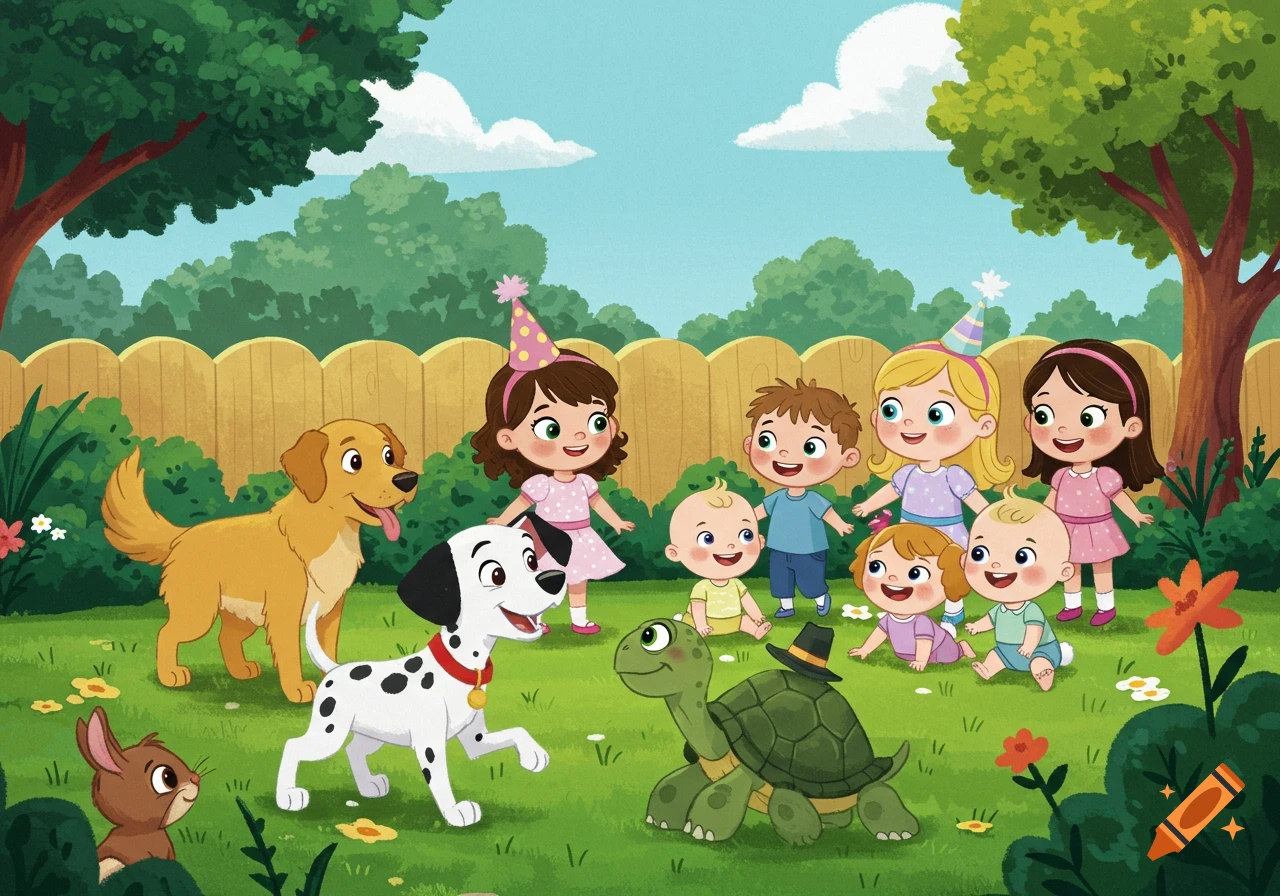 Happy cartoon children, babies, dogs, a rabbit, and a turtle in a vibrant green garden for a children's book.