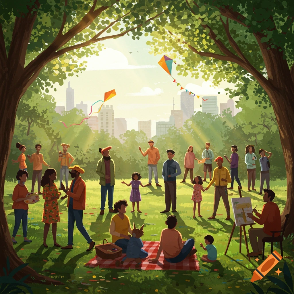 An illustration of a diverse group of people enjoying a sunny day in a park, with kites flying and a city skyline in the background.
