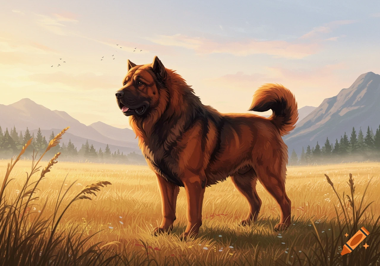 A large, fluffy brown dog stands in a golden field with mountains and pine trees under a warm, colorful sky.