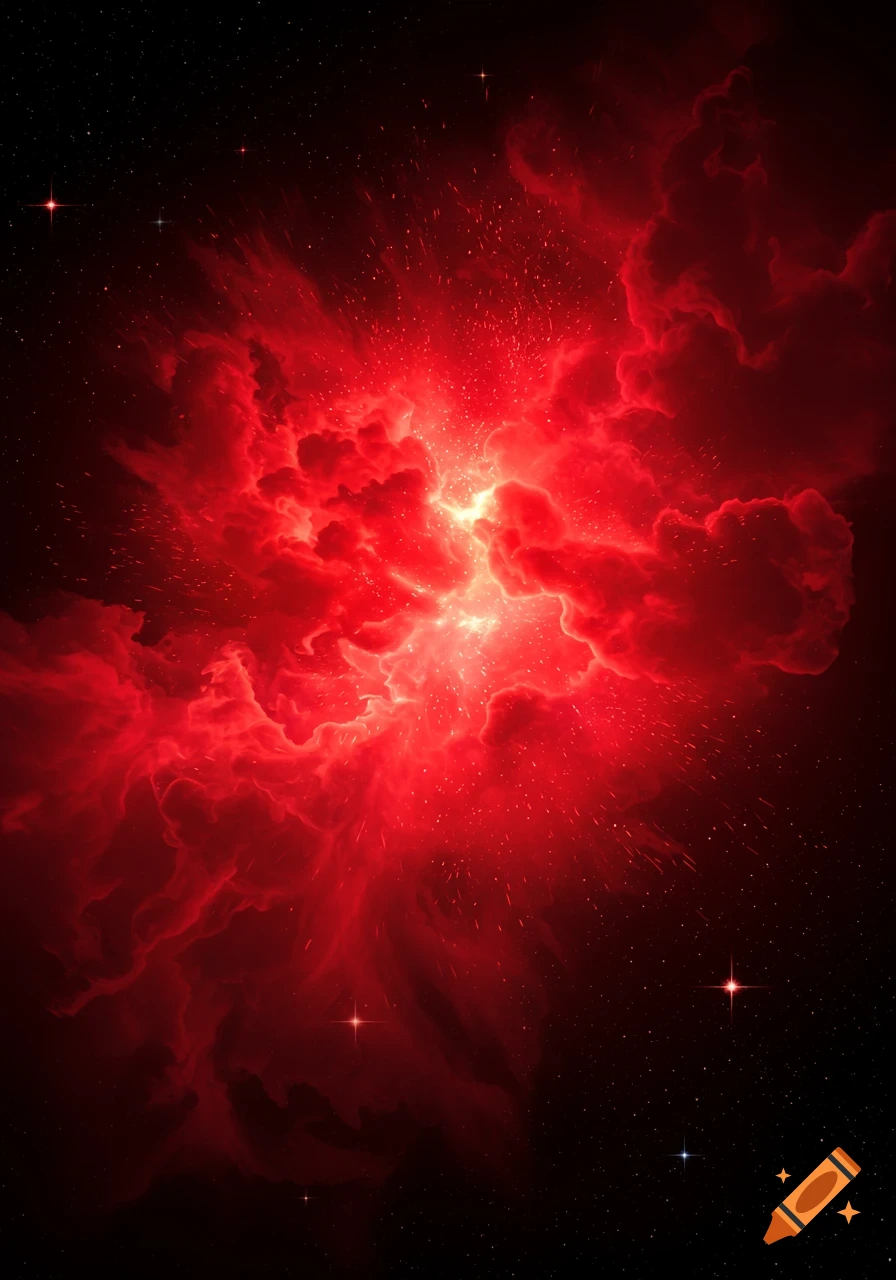 Vibrant red nebula glowing brightly amidst a dark, star-filled cosmic background.