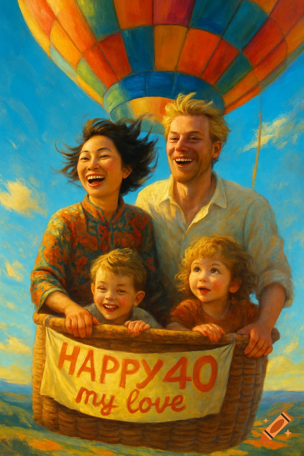 A smiling family, an Asian woman, a blonde man, and two young children, in a hot air balloon with a 'HAPPY40 my love' banner, in a vibrant painterly style.