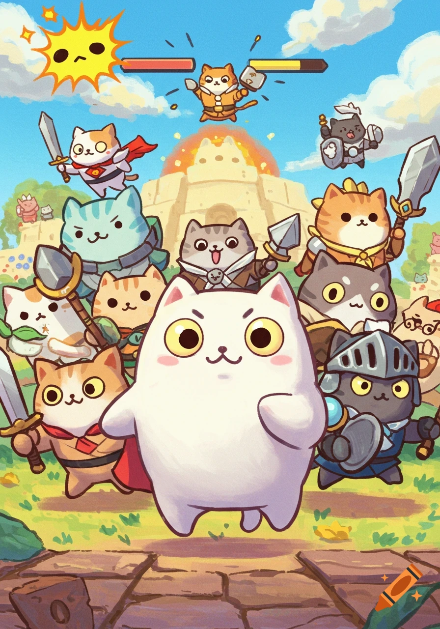 A group of cute cartoon warrior cats with swords and armor stands before a temple, with a large white cat in front and a cat battling an angry sun.