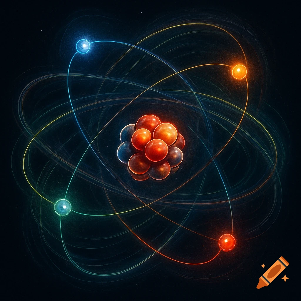 A stylized diagram of an atom with a central nucleus made of colorful spheres and bright electrons orbiting it.
