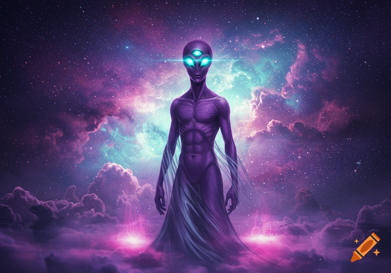 A tall, purple, three-eyed alien with an athletic build stands in front of a vibrant cosmic galaxy with purple clouds below, digital art.