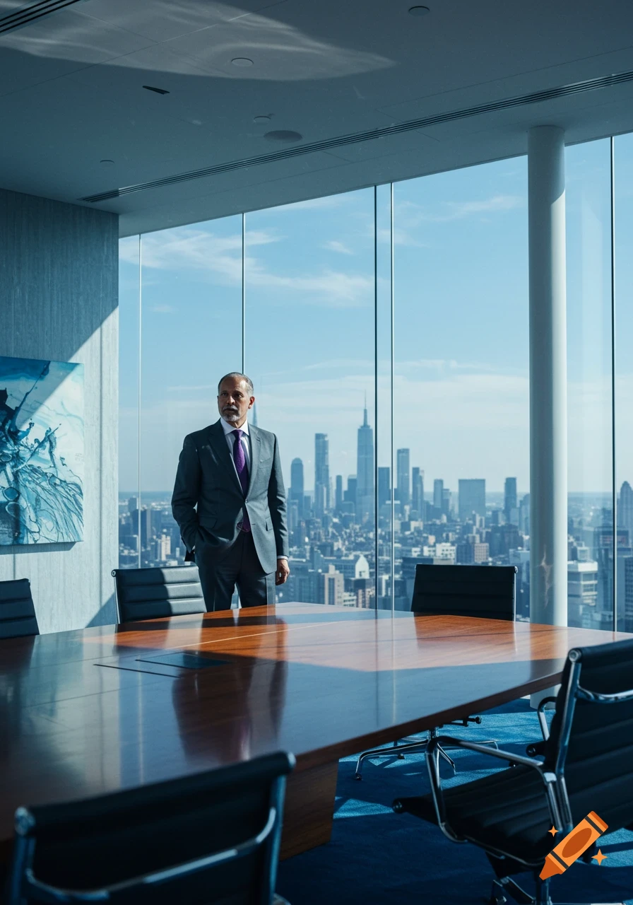 A businessman in a suit stands in a modern high-rise office boardroom, looking out at a city skyline.