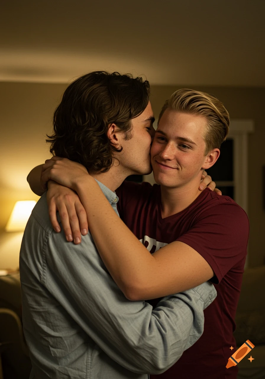 Two young men embrace, one kissing the other's cheek, in a warm indoor setting, photo realistic.