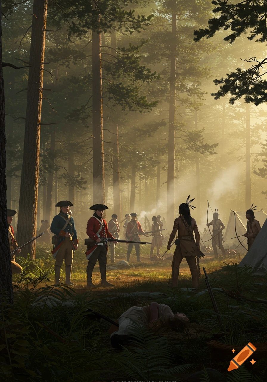 Photorealistic image of Colonial soldiers and Native Americans in a misty forest, in a tense standoff with a fallen figure.