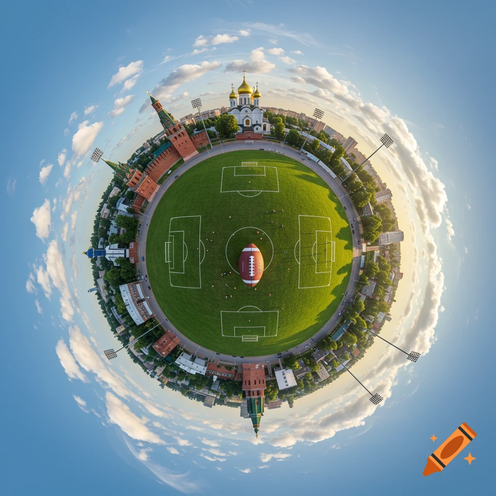 Spherical panorama of a football field with a large American football at its center, surrounded by the Tula Kremlin, Uspensky Cathedral, and city buildings under a blue sky.