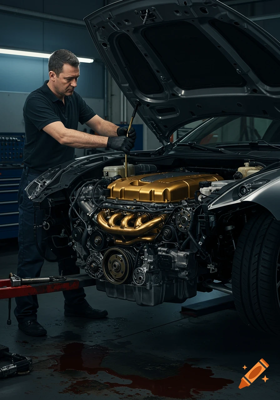 A mechanic in a garage inspects a car engine featuring striking gold components, with oil spilled on the floor.