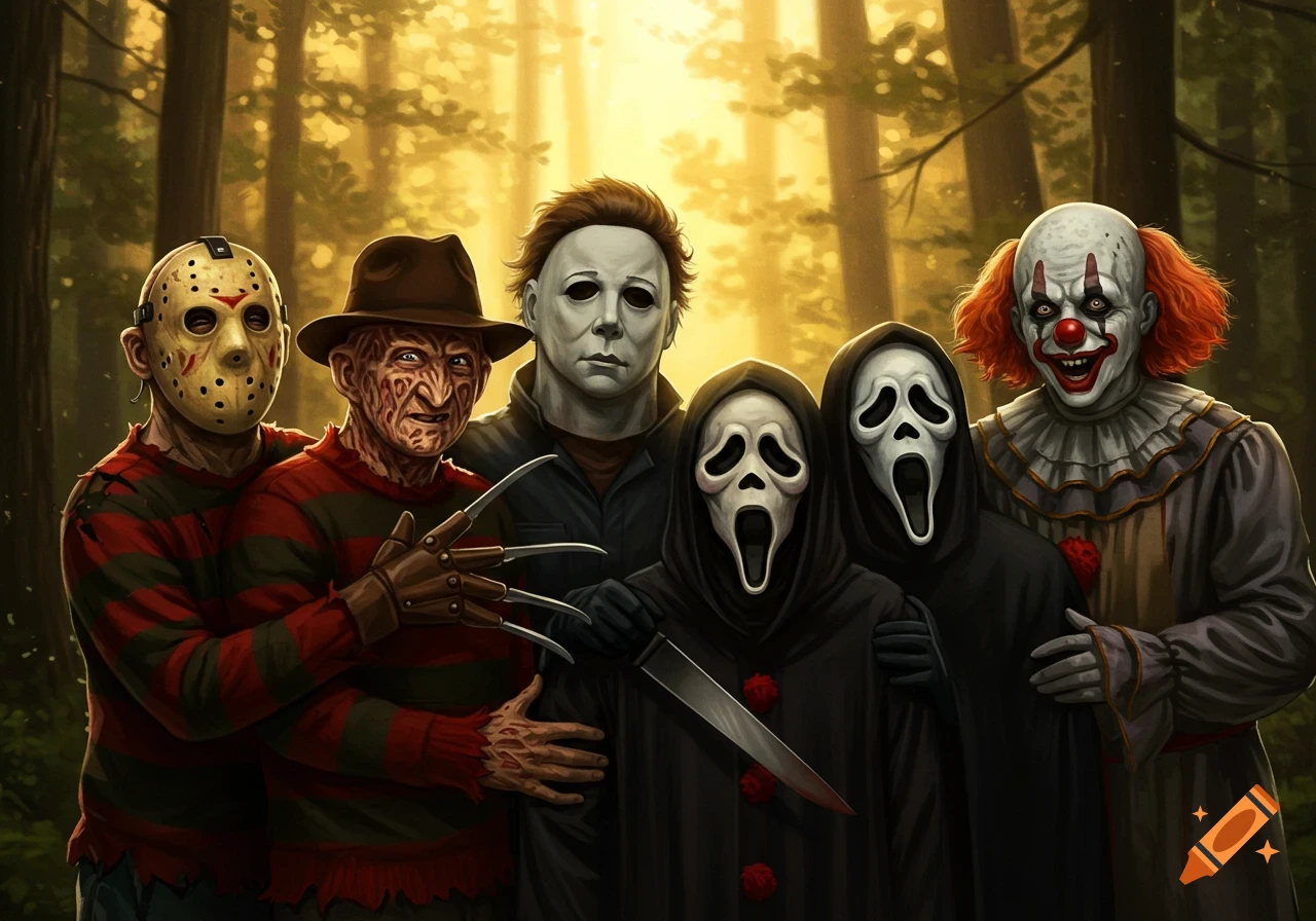 Five iconic horror movie villains, including Jason Voorhees, Freddy Krueger, and Ghostface, pose for a group portrait in a sunlit forest.