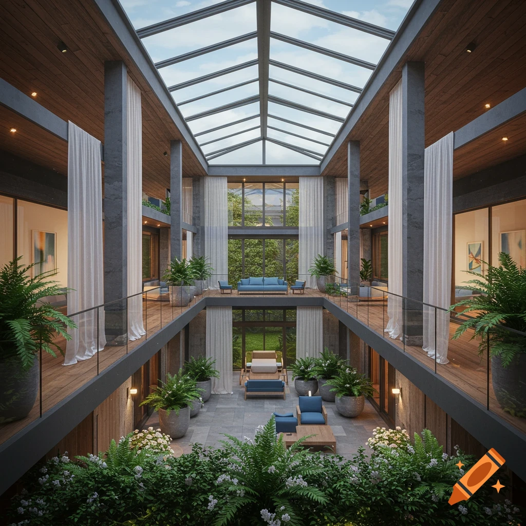 A modern multi-story house with an open-air atrium, glass roof, wooden ceilings, concrete pillars, balconies, and lush indoor plants.