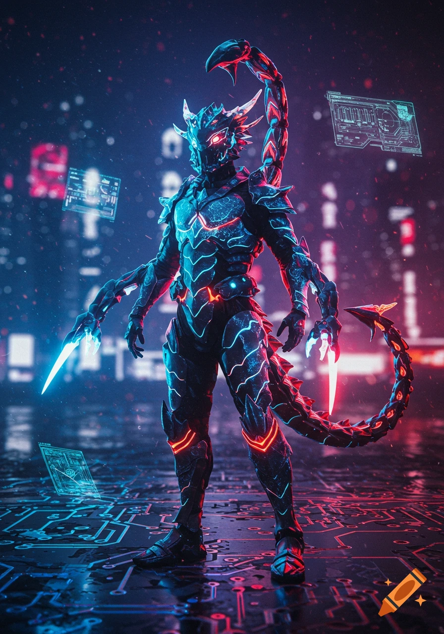 A full body shot of a person in a futuristic black and red glowing dragon-scorpion armor suit, holding energy daggers in a cyberpunk cityscape.