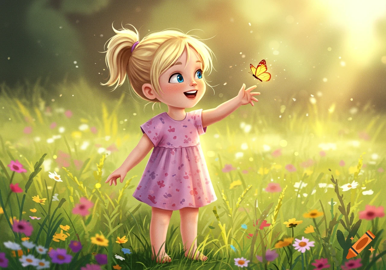 A happy blonde girl in a pink dress reaching for a yellow butterfly in a sunny field of colorful flowers, illustration style.
