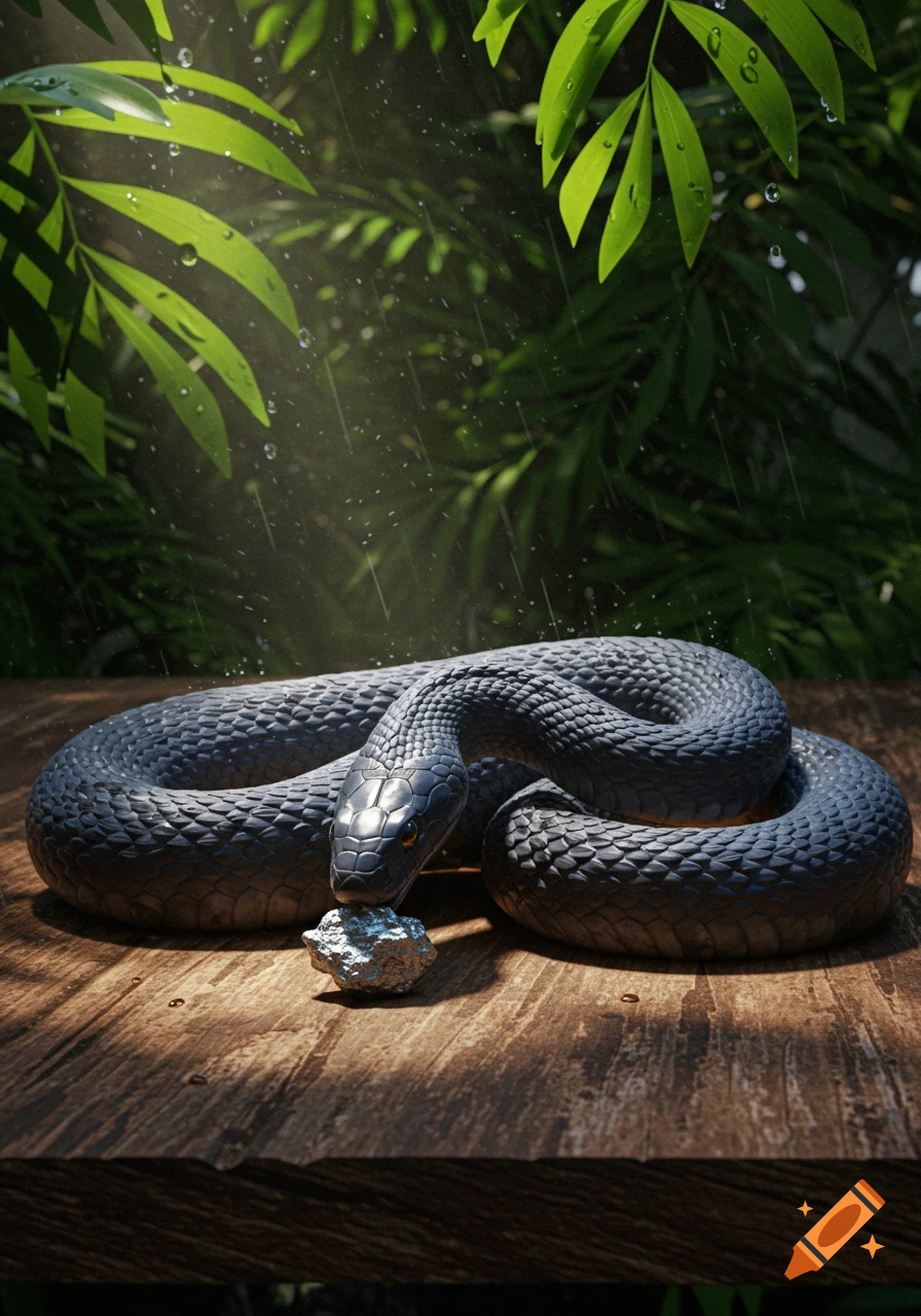 A coiled black snake rests on a wet wooden surface, its head touching a silver rock, with lush green foliage and rain in the background.