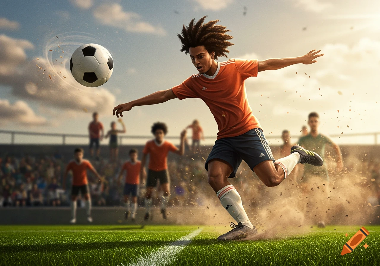 A male soccer player with dreadlocks kicks a ball on a green field, dirt flying, in a photorealistic style.
