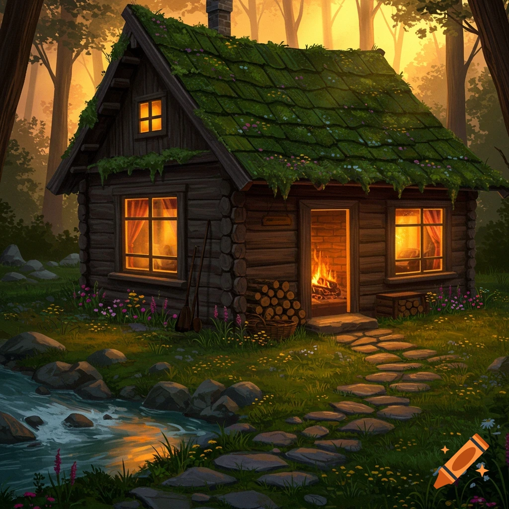 A cozy, moss-covered log cabin in a sunlit forest, with a glowing fireplace, a winding stone path, and a flowing stream.
